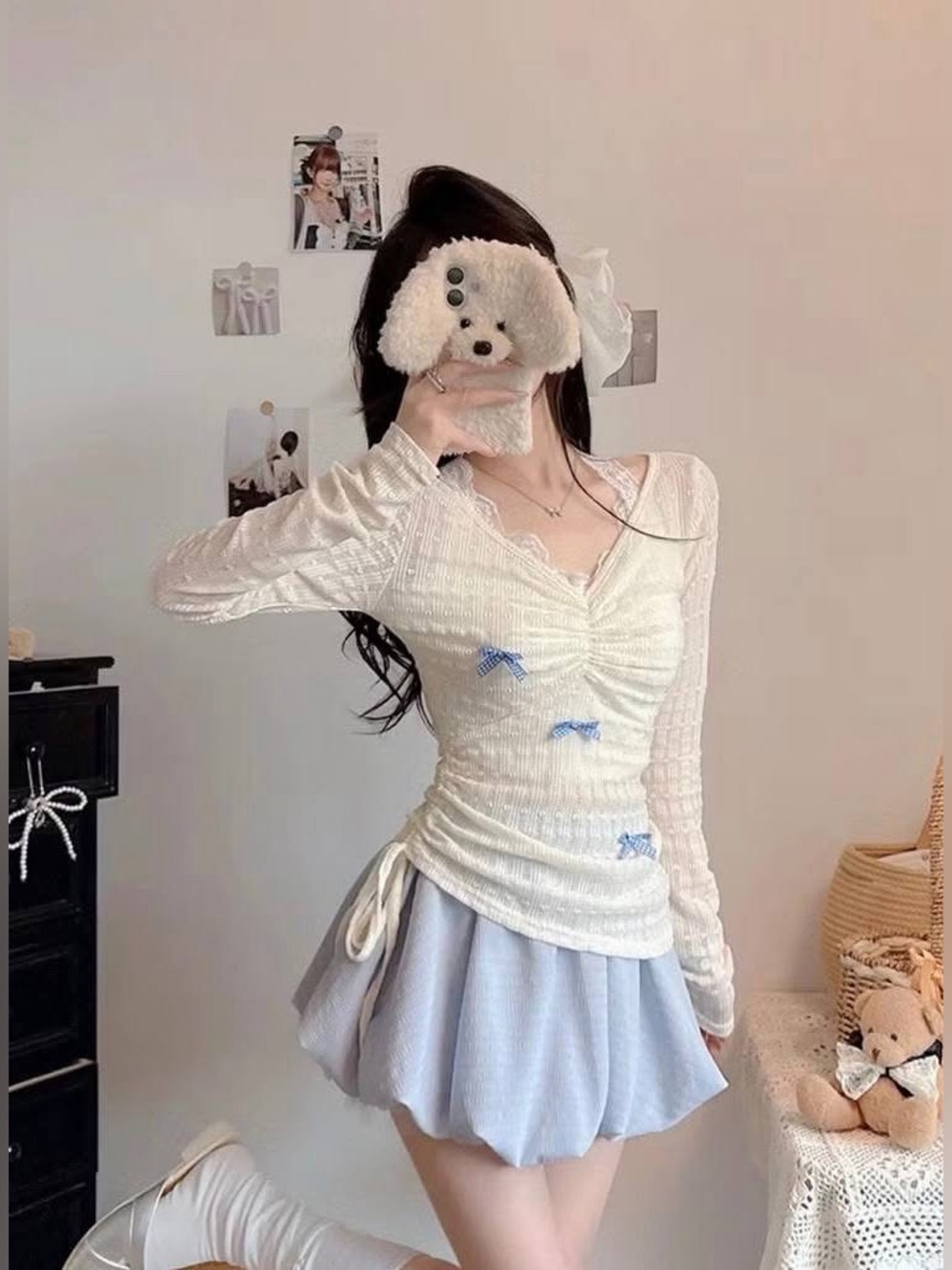 NEW Women Bow Tie Neck Contrast Lace Ruched Waist Fitted Long Sleeve Top Size S